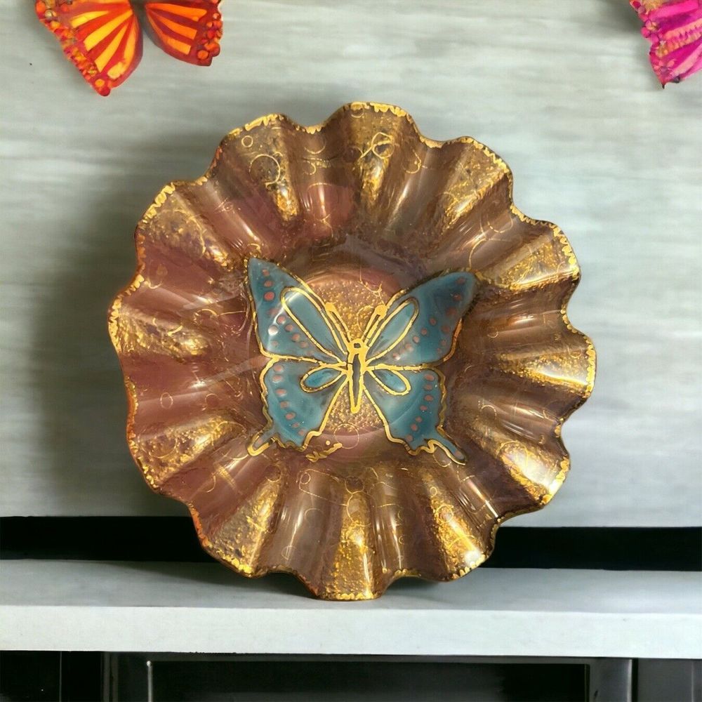 Butterfly Dish Glass 5.5” Ashtray Ruffled Trinket Holder Handpainted Blue Brown‎